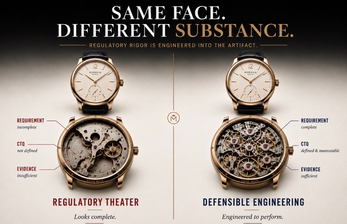 Same face, different substance: two identical watches, one with a sparse movement as regulatory theater, one full as defensible engineering