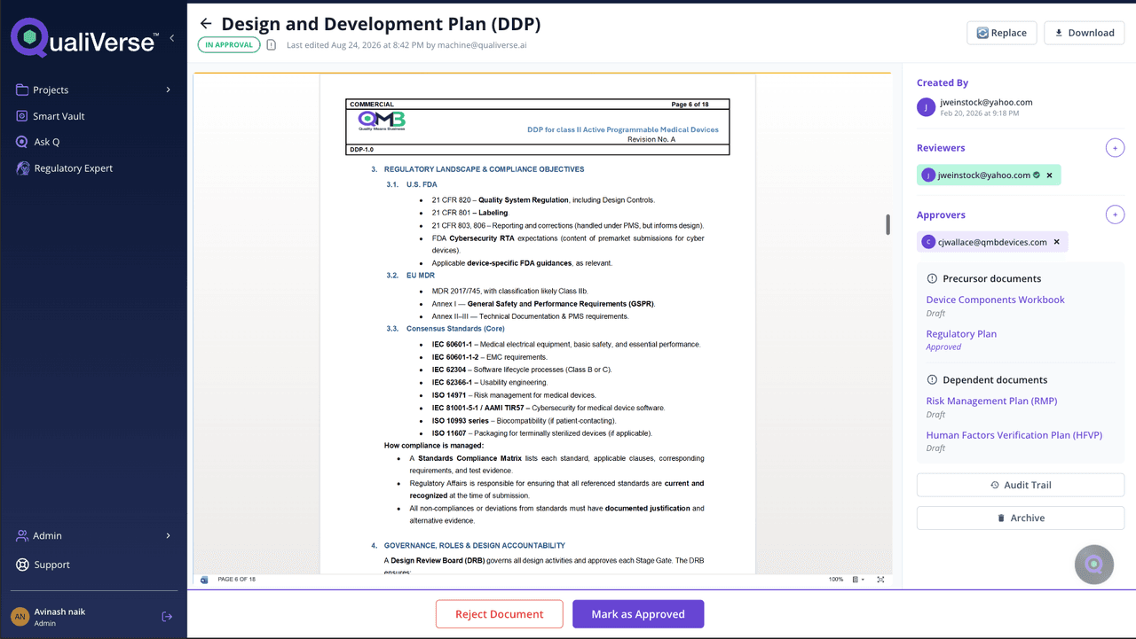 QualiVerse Design and Development Plan in approval, with reviewers, approvers and linked precursor and dependent documents