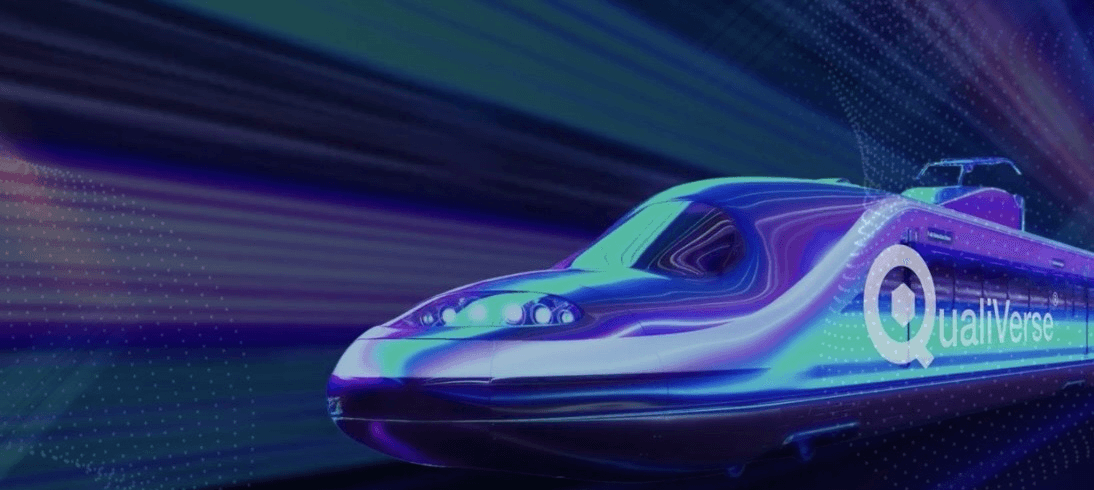 High-speed train in neon blue and green light with the QualiVerse logo on its side